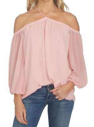 1.STATE Off the Shoulder Sheer Chiffon Blouse